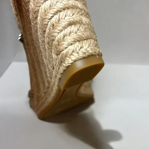 Tory Burch White Beige Logo Ribbon Wedge Espadrille Platform Sandals Heels Sz 9 - Picture 7 of 8